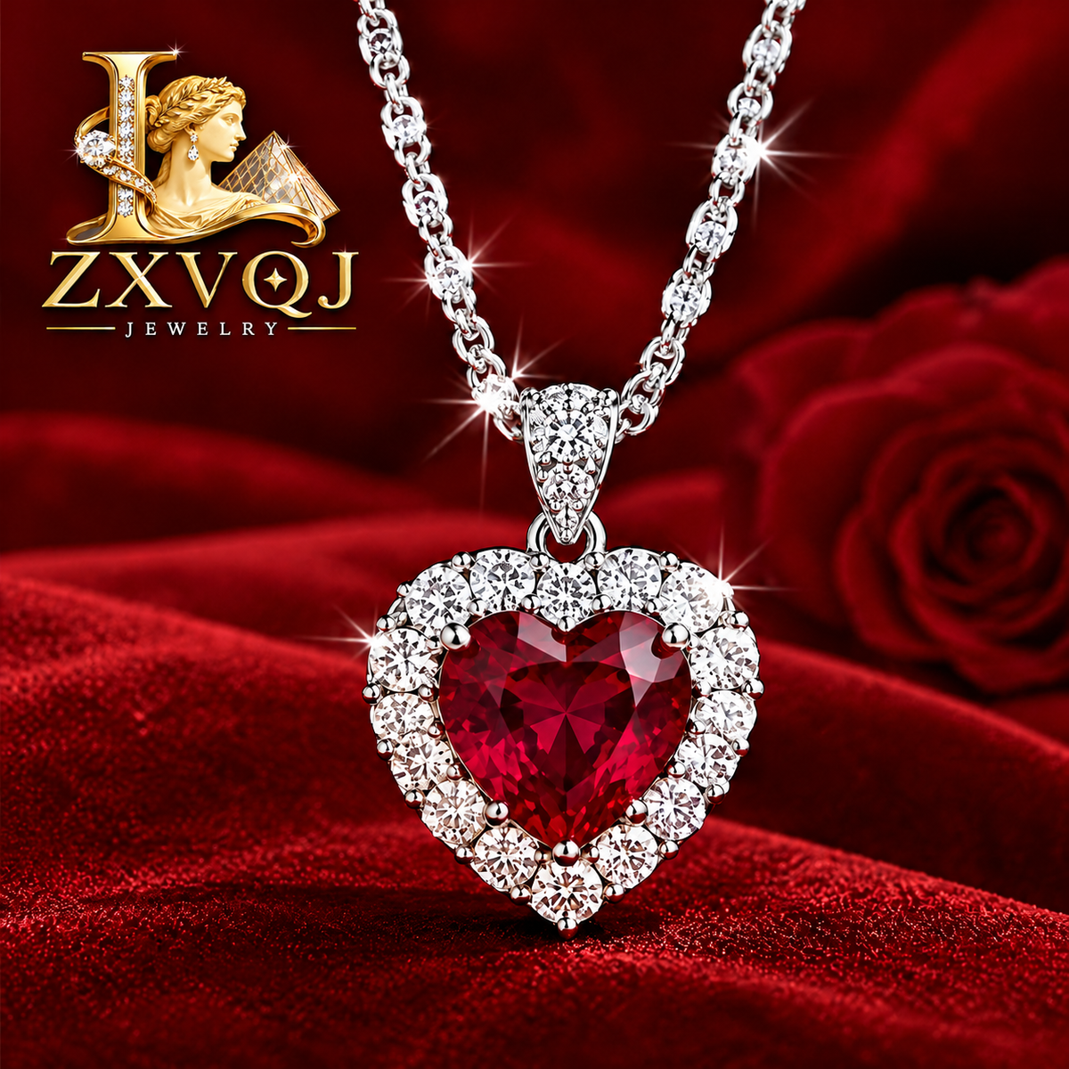 Ruby-Red Heart Halo Pendant Necklace — styled view