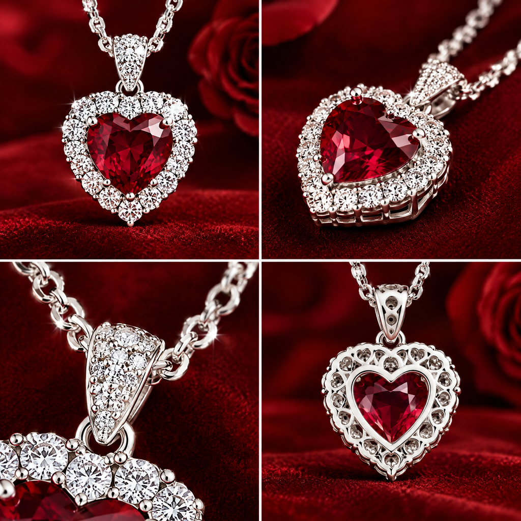 Ruby-Red Heart Halo Pendant Necklace — design details
