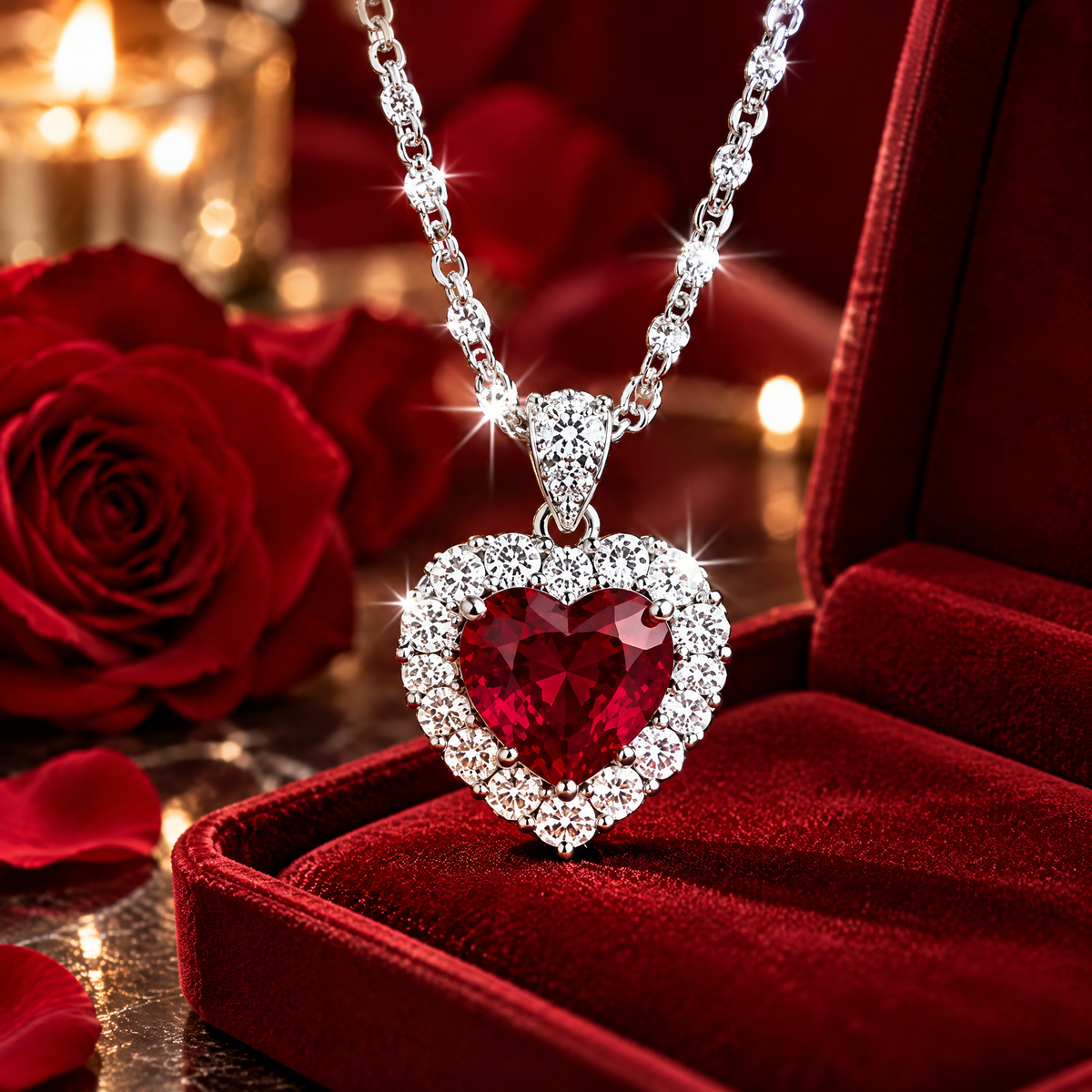Ruby-Red Heart Halo Pendant Necklace — styling inspiration