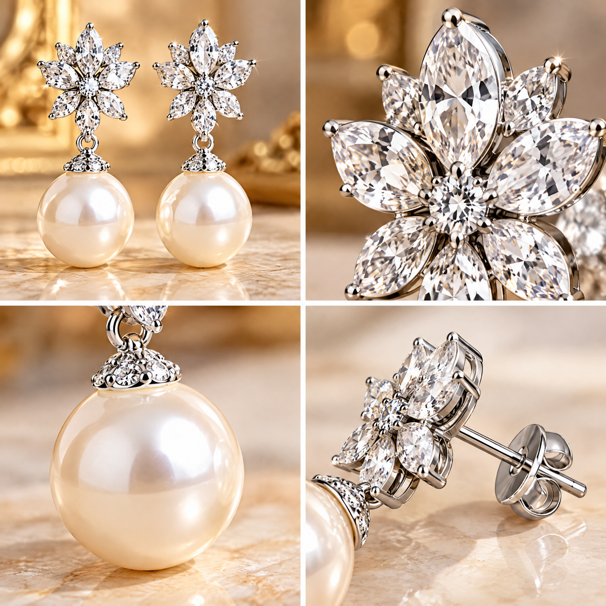 Crystal Blossom Pearl-Look Drop Earrings — design details