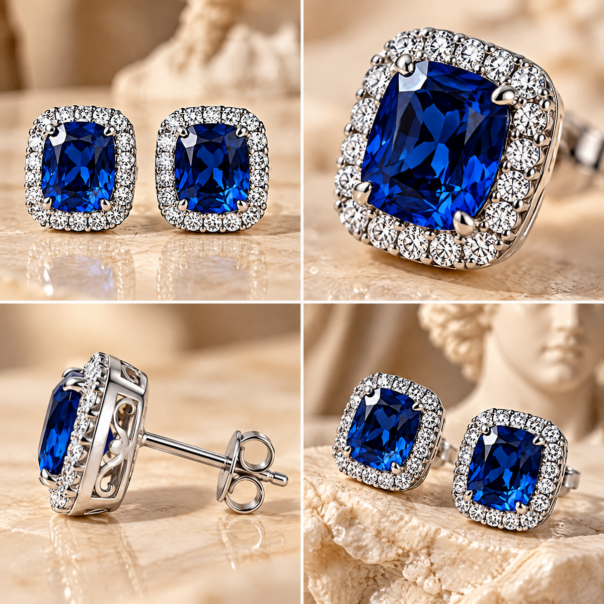 Royal Blue Cushion Halo Stud Earrings — design details