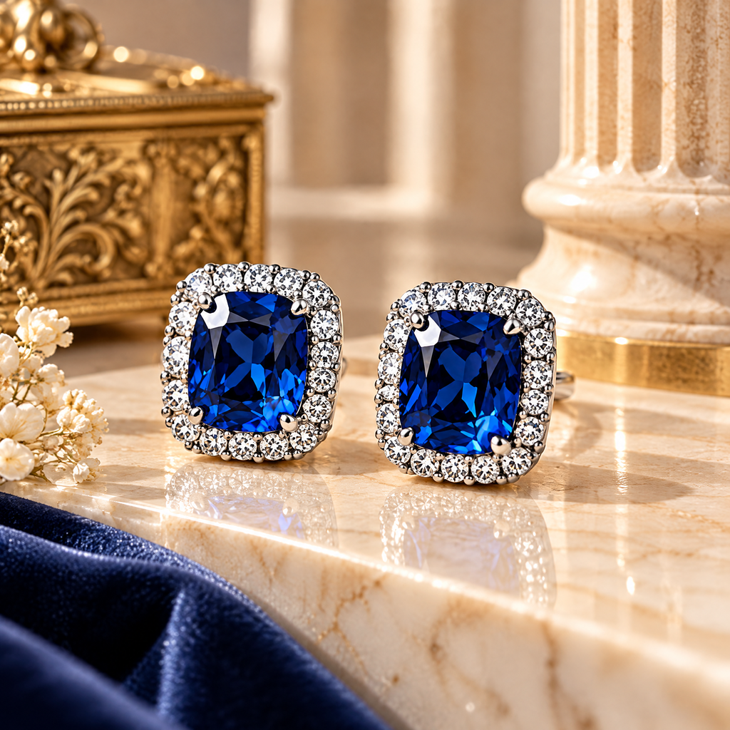 Royal Blue Cushion Halo Stud Earrings — styling inspiration
