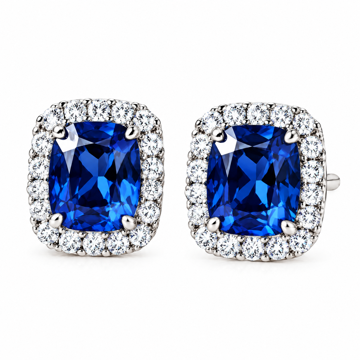 Royal Blue Cushion Halo Stud Earrings — product view