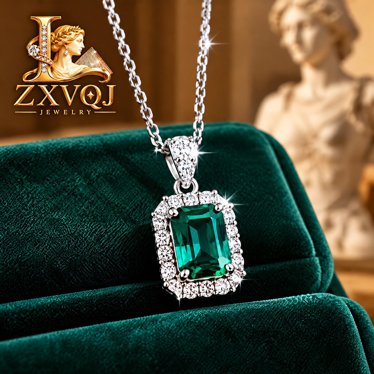Emerald-Green Rectangle Halo Necklace — styled view
