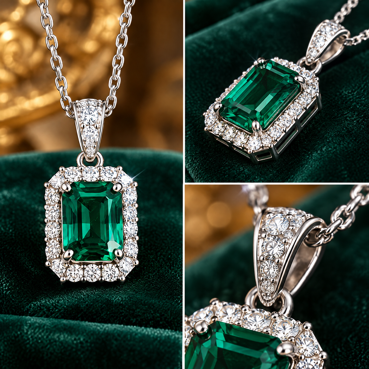 Emerald-Green Rectangle Halo Necklace — design details