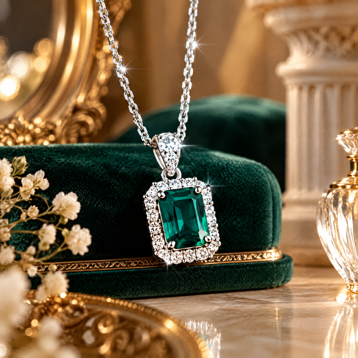 Emerald-Green Rectangle Halo Necklace — styling inspiration
