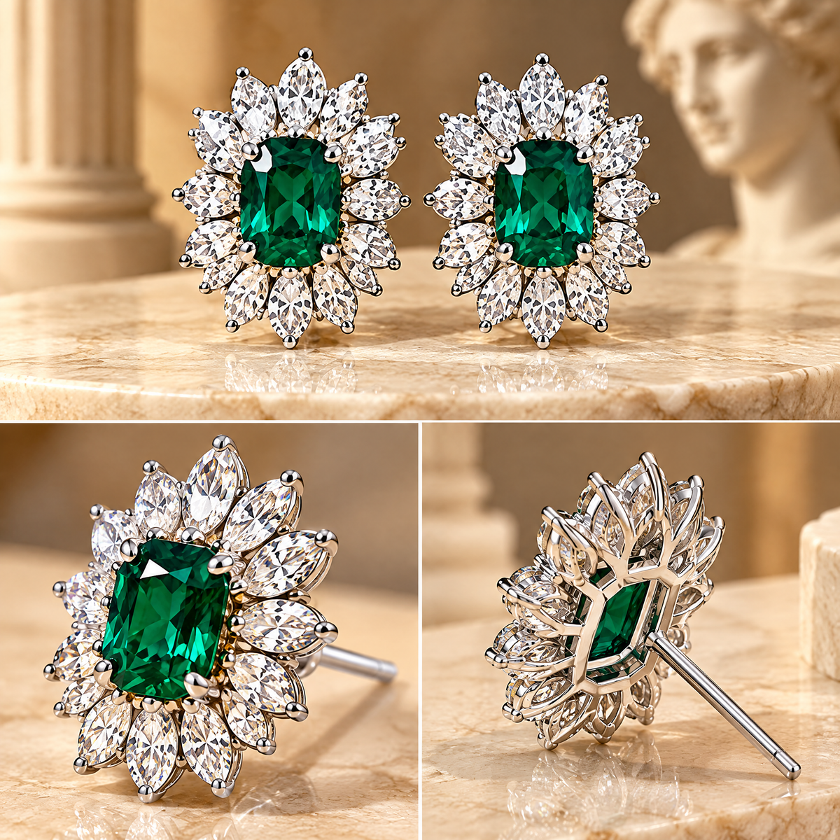 Emerald-Green Floral Halo Stud Earrings — design details