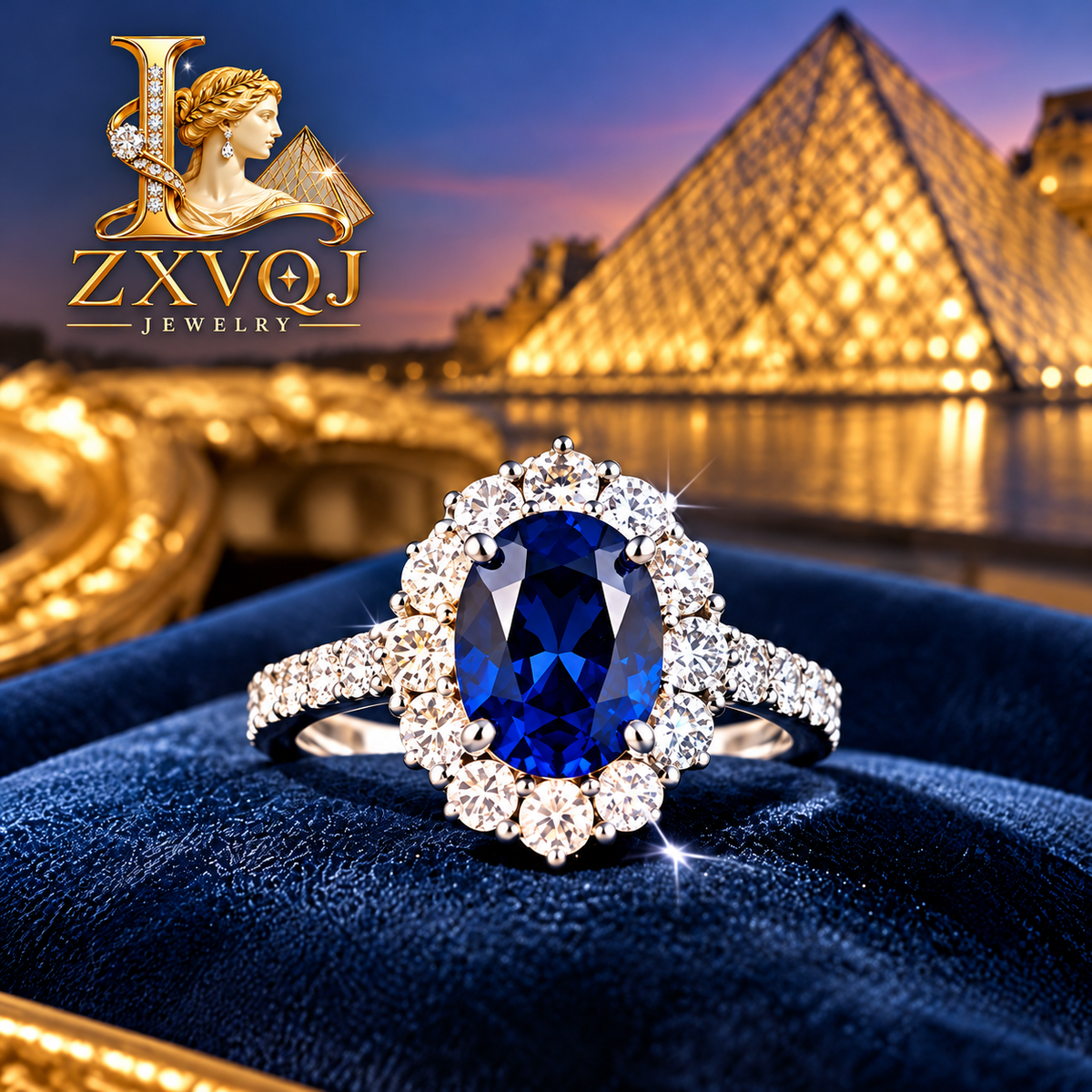 Midnight Blue Oval Halo Ring — styled view