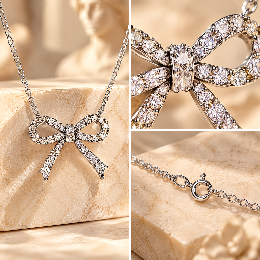 Crystal Ribbon Bow Pendant Necklace — design details